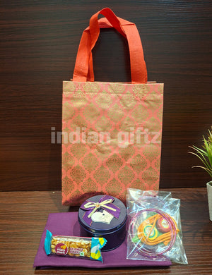 Non Woven Gift Bag with Blouse Round Tin Thambullam Set