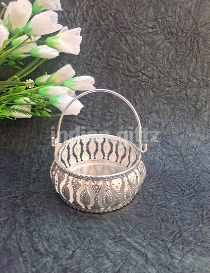 4 Inch German Silver Handle Basket Traditional, Pooja & Marriage Gift Tray  Wedding Return Gift