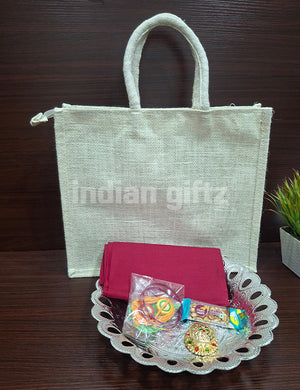 Silver Plastic Round Tray Jute Thambullam Bag Set