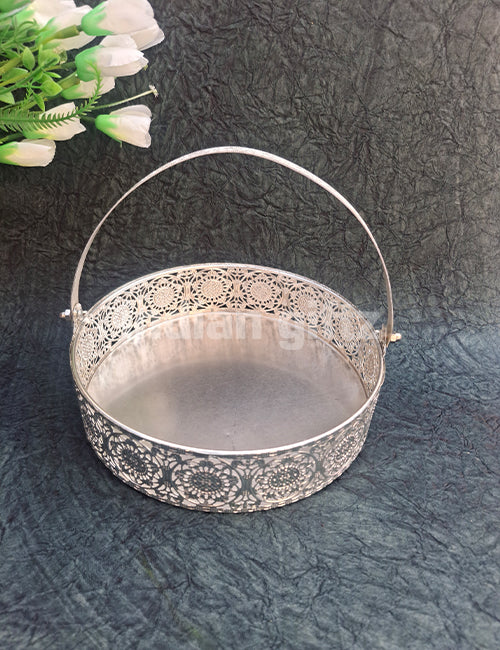 8-Inch German Silver Decorative Basket Suitable for Sweets, Pooja & Festive Gifting