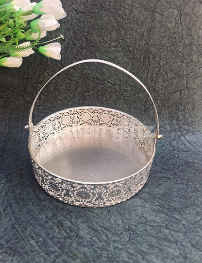 8-Inch German Silver Decorative Basket Suitable for Sweets, Pooja & Festive Gifting