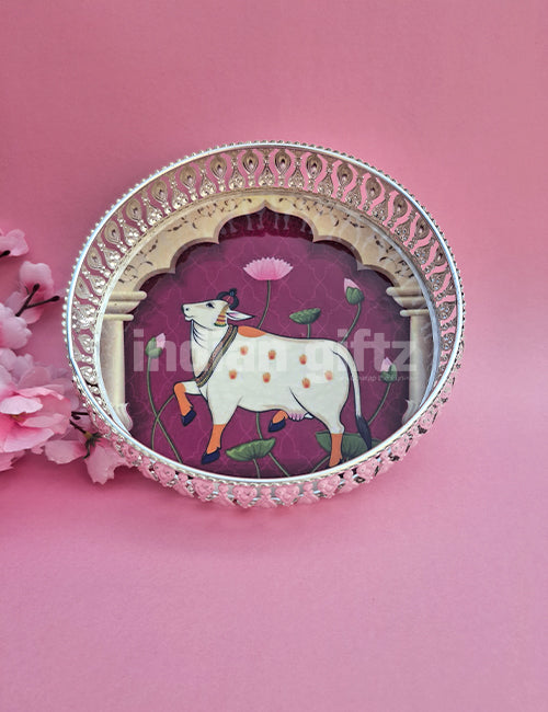 8 Inch German Silver Purple Cow Pichwai Round Print Tray Wedding Return Gift