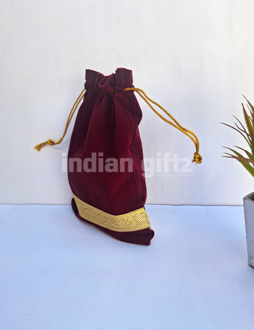 Maroon Velvet Potali Bag For Wedding| Housewarming| Navaratri| All Events  (9 x 6 inch)