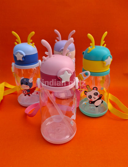 Multi-Cartoon Printed Kids Water Bottle with Straw & Strap – 600ml BPA-Free Plastic