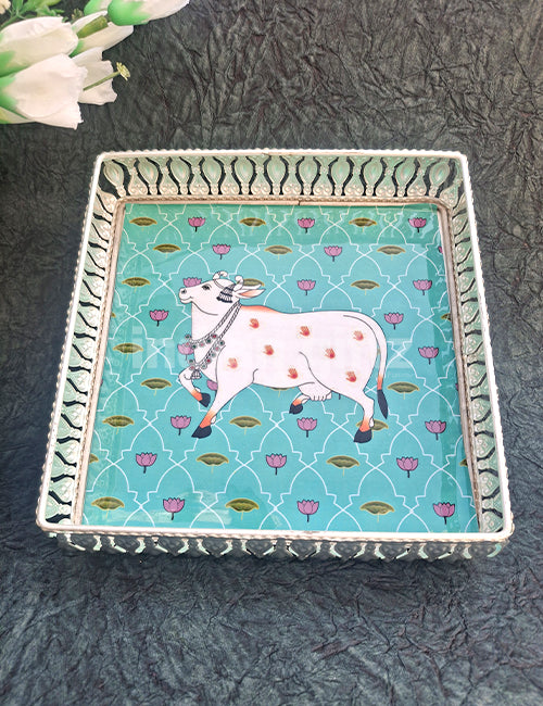 8 Inch Square German Silver Cow Pichwai Print Tray Wedding Return Gift