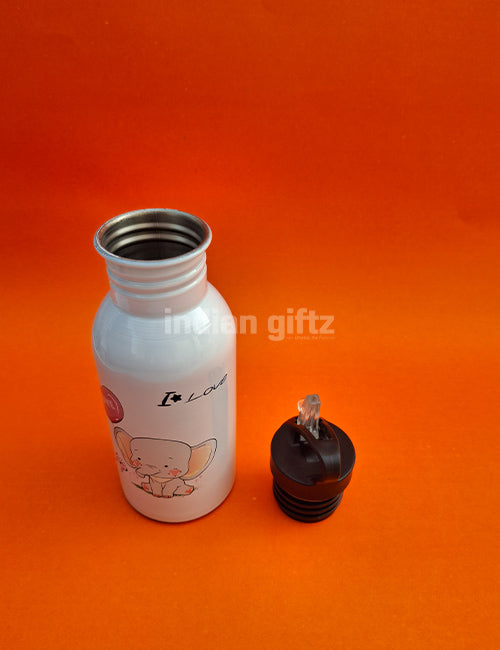 I Love You Elephant Printed Aluminium Sipper Water Bottle.  Suitable for Kids