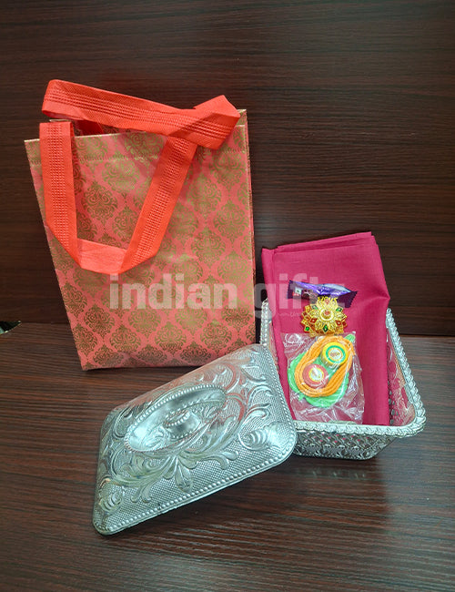 Non Woven Gift Bag with Silver Plastic Box Blouse Thambullam Set