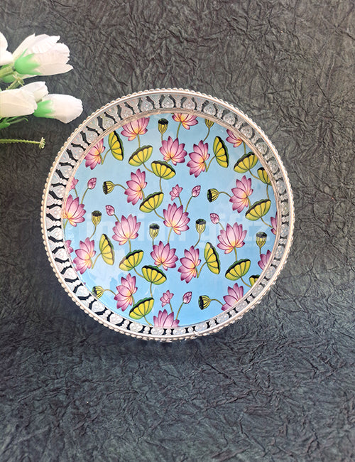 8 Inch German Silver Pichwai Round Blue Flower Print Tray Wedding Return Gift