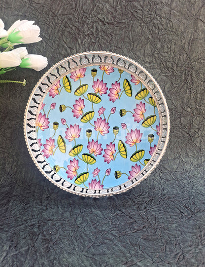 8 Inch German Silver Pichwai Round Blue Flower Print Tray Wedding Return Gift