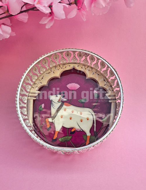 6 Inch German Silver Purple Pichwai Round Print Tray Wedding Return Gift (6 Inch)
