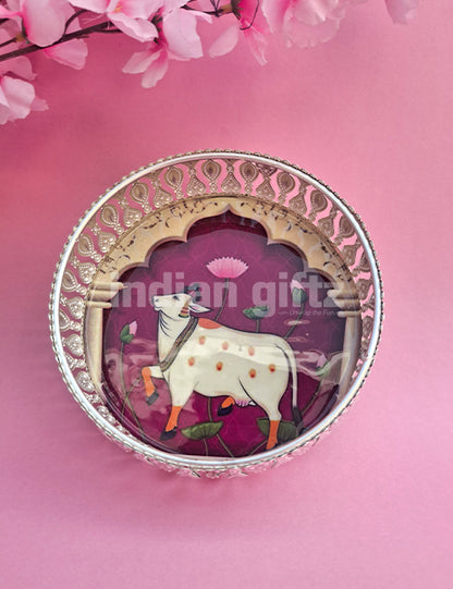 6 Inch German Silver Purple Pichwai Round Print Tray Wedding Return Gift (6 Inch)