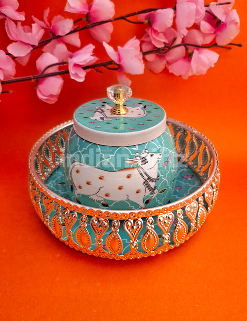 6 Inch German Silver Purple Pichwai Round Print Tray with 4 Inch Pichwai Jar Wedding Return Gift