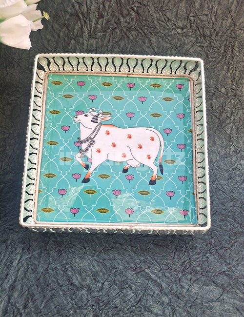 8 Inch Square German Silver Cow Pichwai Print Tray with Pichwai Jar 4 Inch Wedding Return Gift