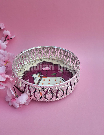 6 Inch German Silver Purple Pichwai Round Print Tray Wedding Return Gift (6 Inch)