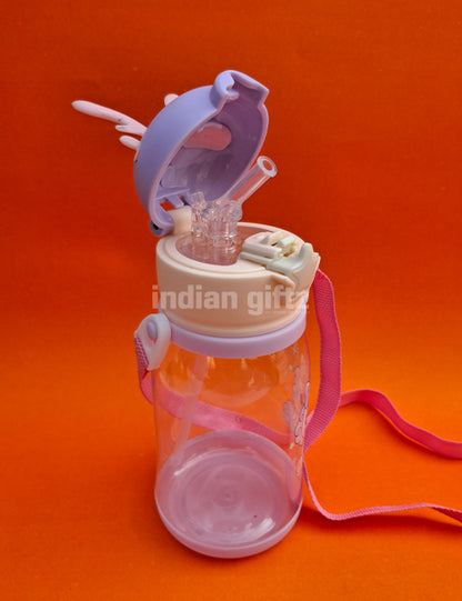 Multi-Cartoon Printed Kids Water Bottle with Straw & Strap – 600ml BPA-Free Plastic