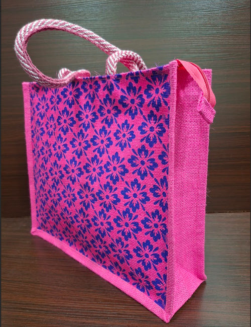 Blue Pink Flower Jute Bag
