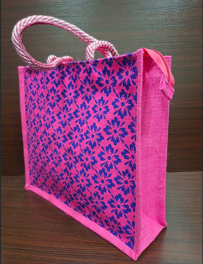 Blue Pink Flower Jute Bag