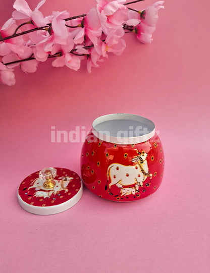 Pichwai Cow Red Printed Jar Gift For Housewarming, Navratri and Pooja Red