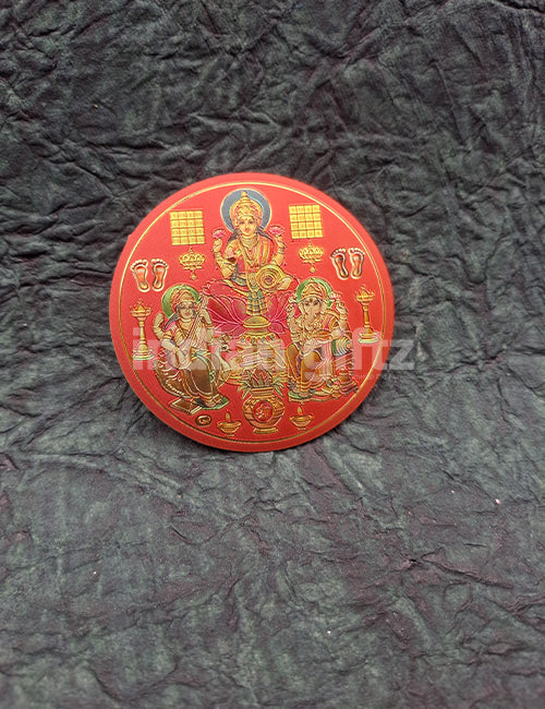 Round Gold Plated Self-Adhesive Saraswathi Lakshmi & Ganesha Sticker