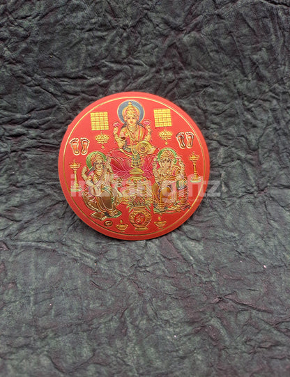 Round Gold Plated Self-Adhesive Saraswathi Lakshmi & Ganesha Sticker