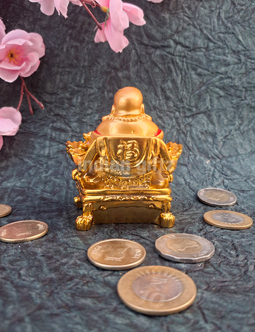 Laughing Buddha Sitting On Chair Statue Gold Polyresin