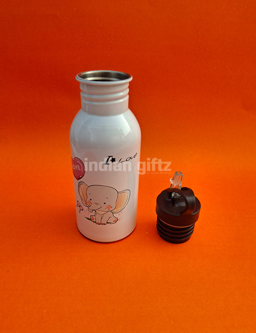 I Love You Elephant Printed Aluminium Sipper Water Bottle.  Suitable for Kids