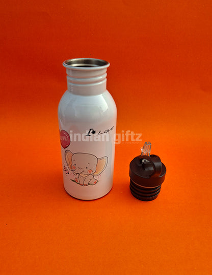 I Love You Elephant Printed Aluminium Sipper Water Bottle.  Suitable for Kids