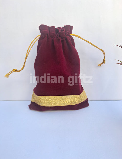 Maroon Velvet Potali Bag For Wedding| Housewarming| Navaratri| All Events  (9 x 6 inch)