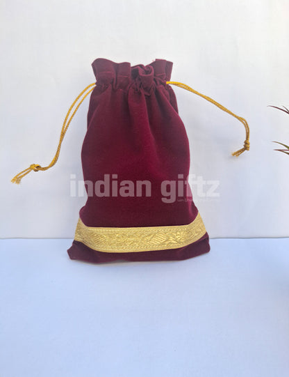 Maroon Velvet Potali Bag For Wedding| Housewarming| Navaratri| All Events  (9 x 6 inch)
