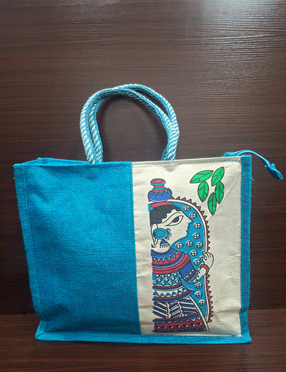 Durga Blue Print Jute Bag