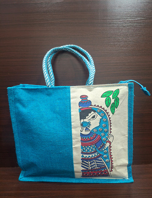 Durga Blue Print Jute Bag