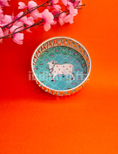 8 Inch German Silver Cow Pichwai Round Print Tray Wedding Return Gift
