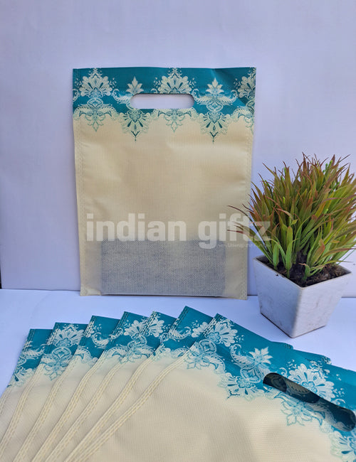 Yellow with Green Print Non Woven Bag For|Wedding| Birthday | Housewarming| All Events (12 × 9 inch)
