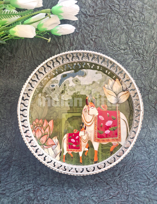 8 Inch German Silver Cow Pichwai Round Print Tray Wedding Return Gift