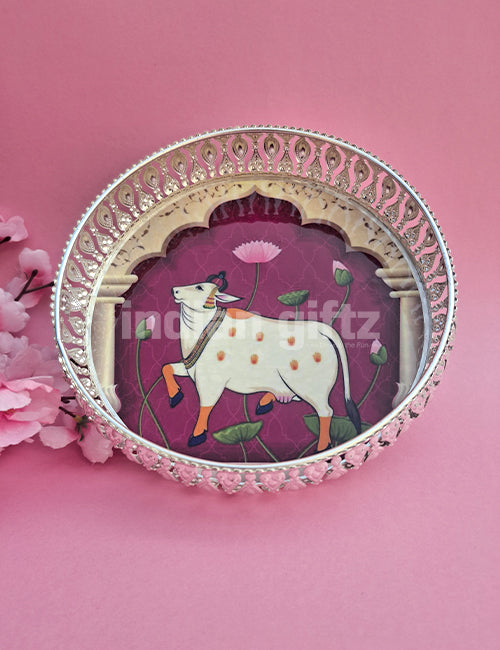 8 Inch German Silver Purple Cow Pichwai Round Print Tray Wedding Return Gift