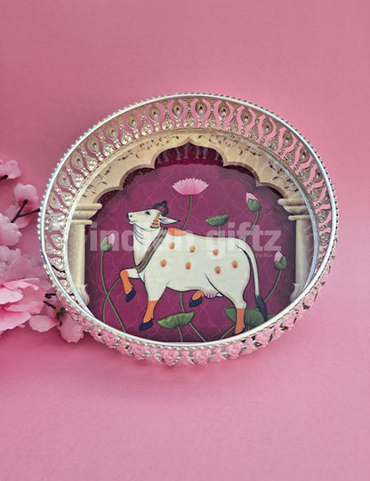 8 Inch German Silver Purple Cow Pichwai Round Print Tray Wedding Return Gift
