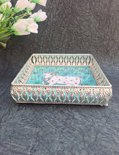 8 Inch Square German Silver Cow Pichwai Print Tray Wedding Return Gift