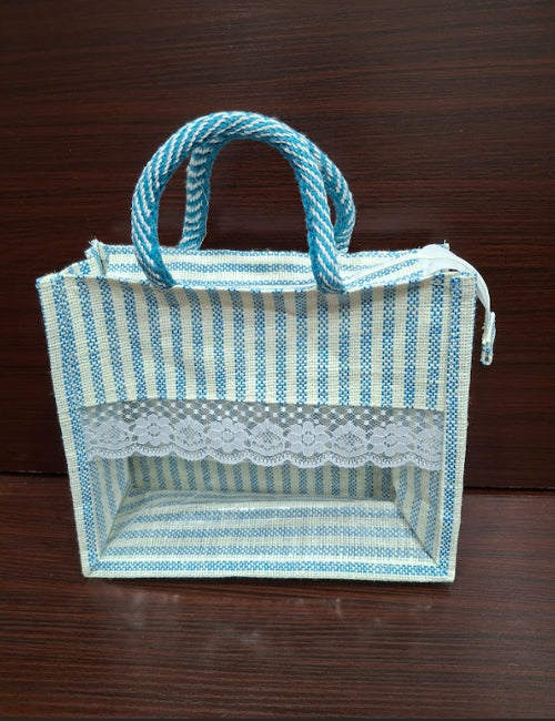 Blue Lined  Window Jute Bag