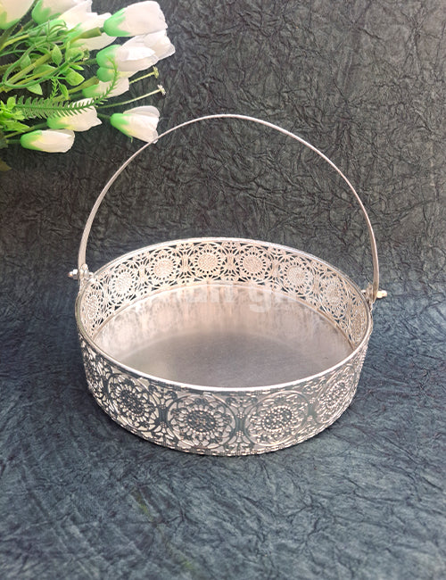 8-Inch German Silver Decorative Basket Suitable for Sweets, Pooja & Festive Gifting