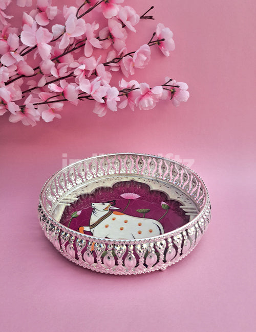 8 Inch German Silver Purple Cow Pichwai Round Print Tray Wedding Return Gift