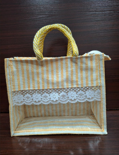 Yellow Lined  Window Jute Bag