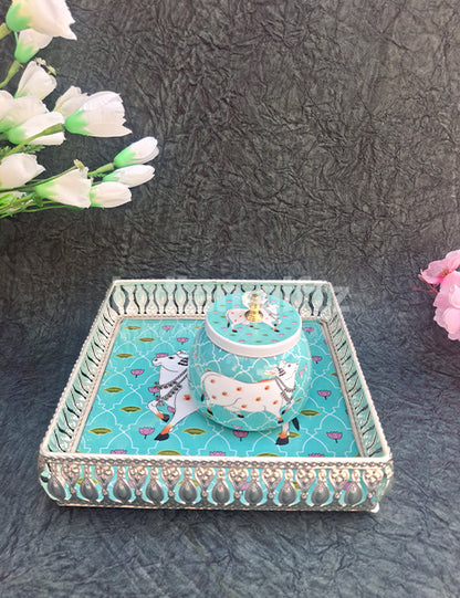 8 Inch Square German Silver Cow Pichwai Print Tray with Pichwai Jar 4 Inch Wedding Return Gift