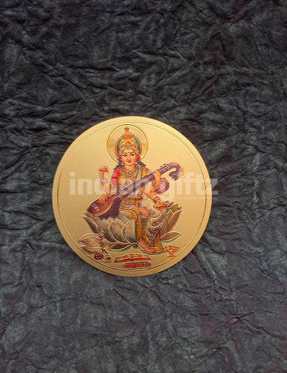 Round Gold Plated Self-Adhesive Saraswathi Lakshmi & Ganesha Sticker