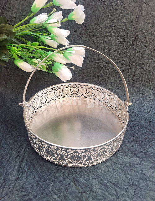 8-Inch German Silver Decorative Basket Suitable for Sweets, Pooja & Festive Gifting