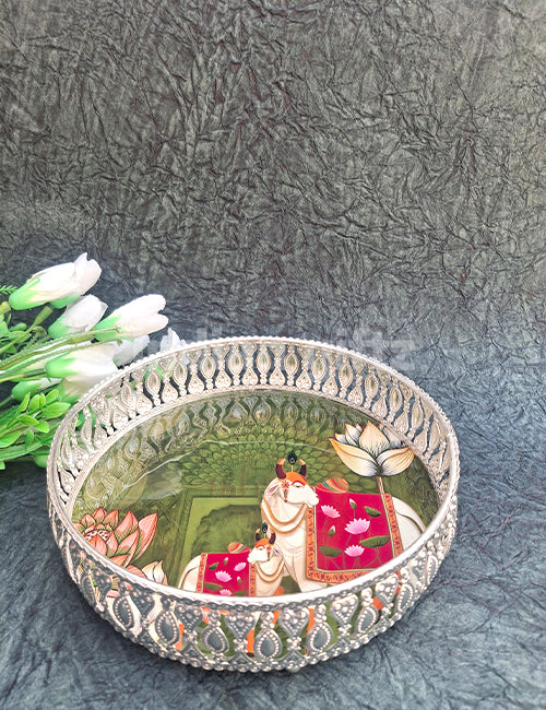 8 Inch German Silver Cow Pichwai Round Print Tray Wedding Return Gift