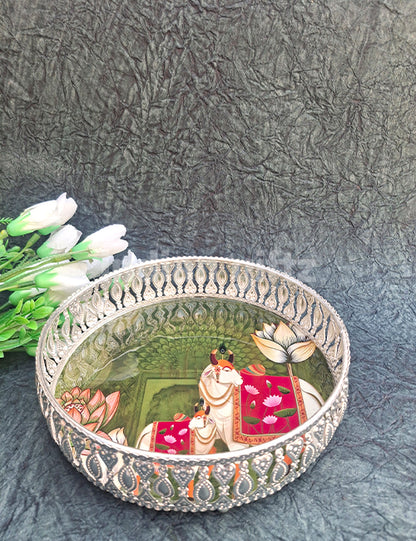 8 Inch German Silver Cow Pichwai Round Print Tray Wedding Return Gift