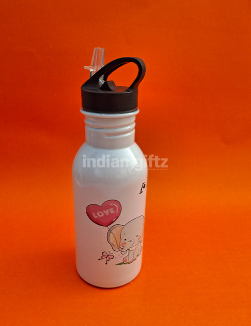 I Love You Elephant Printed Aluminium Sipper Water Bottle.  Suitable for Kids