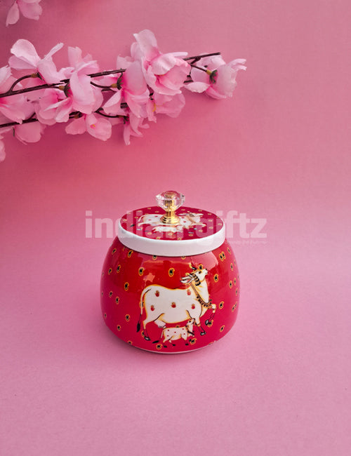Pichwai Cow Red Printed Jar Gift For Housewarming, Navratri and Pooja Red
