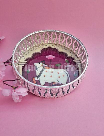 6 Inch German Silver Purple Pichwai Round Print Tray Wedding Return Gift (6 Inch)