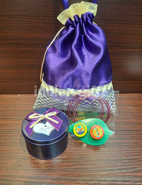 Designer Potli Bag with Round Tin Thambullam Set